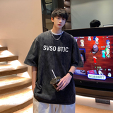S1007A-P38控582025夏装重磅字母印花水洗做旧宽松短袖t恤，男装T恤，电商A025