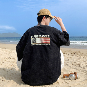 2025夏装重磅字母美式水洗做旧短袖t恤情侣 A025-S1012-P35 控48图片