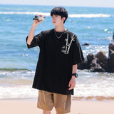 2025夏装新中式竹子印花水洗做旧短袖t恤潮A025-S1011-P35控48，男装T恤，电商A025