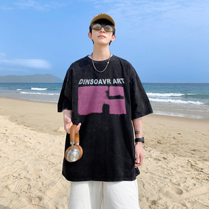 2025夏装重磅美式水洗做旧字母短袖t恤嘻哈 A025-S1013-P30 控45图片