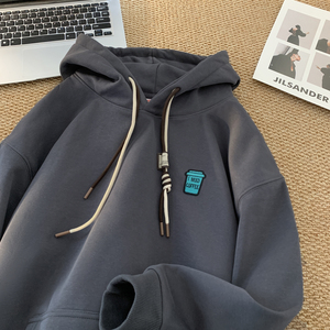 W670B-常规50 加绒P60 春装重磅面料简约咖啡刺绣宽松连帽卫衣图片