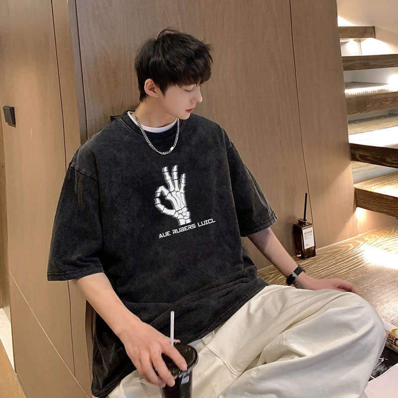 2025夏装美式手掌水洗做旧宽松短袖t恤港风A025-S1005-P38控58,男装T恤,电商A025