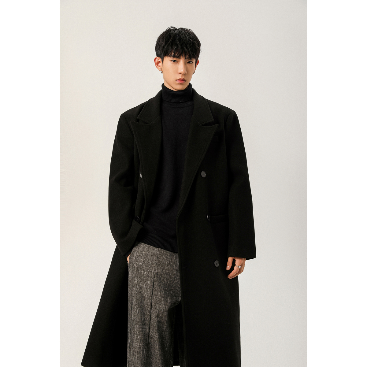 A025-F003-P128中长款毛呢大衣男2025新款秋冬外套宽松呢子风衣，男装风衣，电商A025