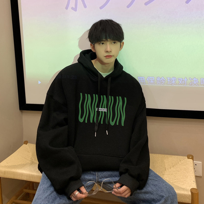 2026秋季新款绿色字母宽松连帽卫衣大码港风A025-W172-P50控68,男装卫衣,电商A025