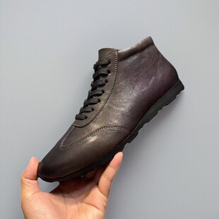 头层胎牛皮德训鞋 秋冬新款 真皮百搭平底手工休闲单鞋 靴子 男高帮鞋