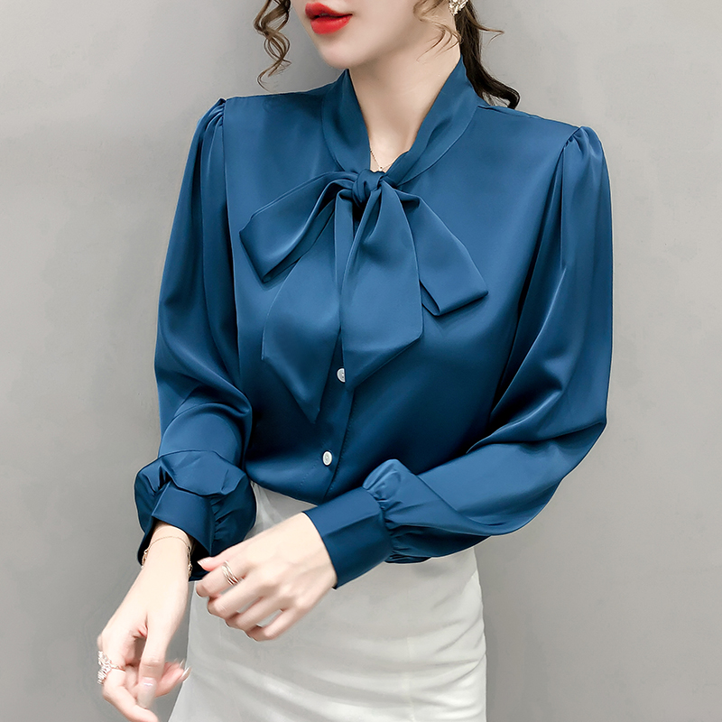 Fashionable foreign style shirt female long sleeve 2021 spring dress new style temperament stand Collar Chiffon shirt lady bow shirt