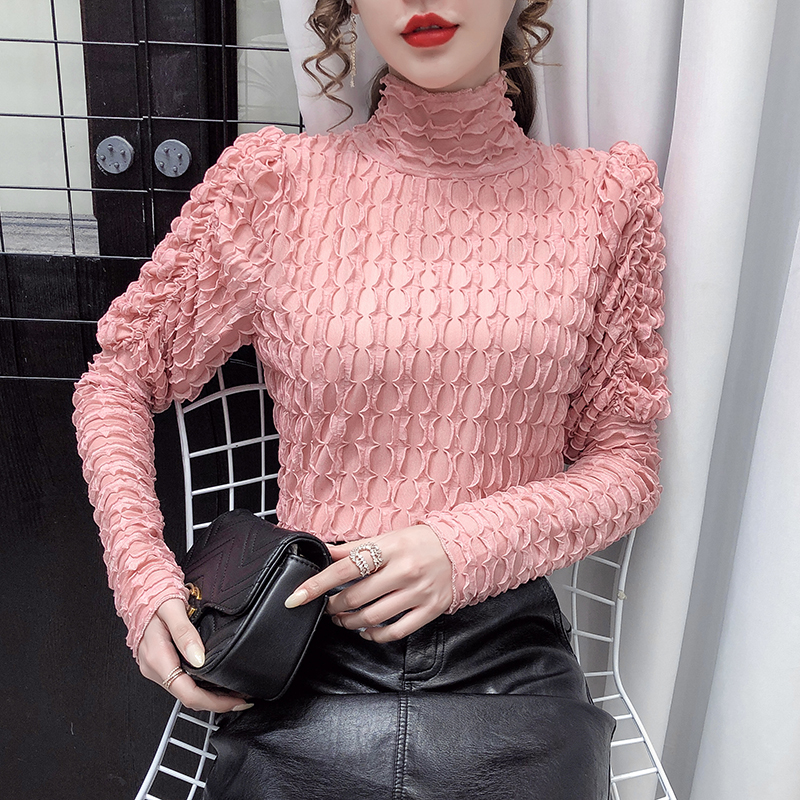High collar mesh lace bottom top women's 2021 spring dress new built-in blouse with foreign style pleated bubble sleeve top