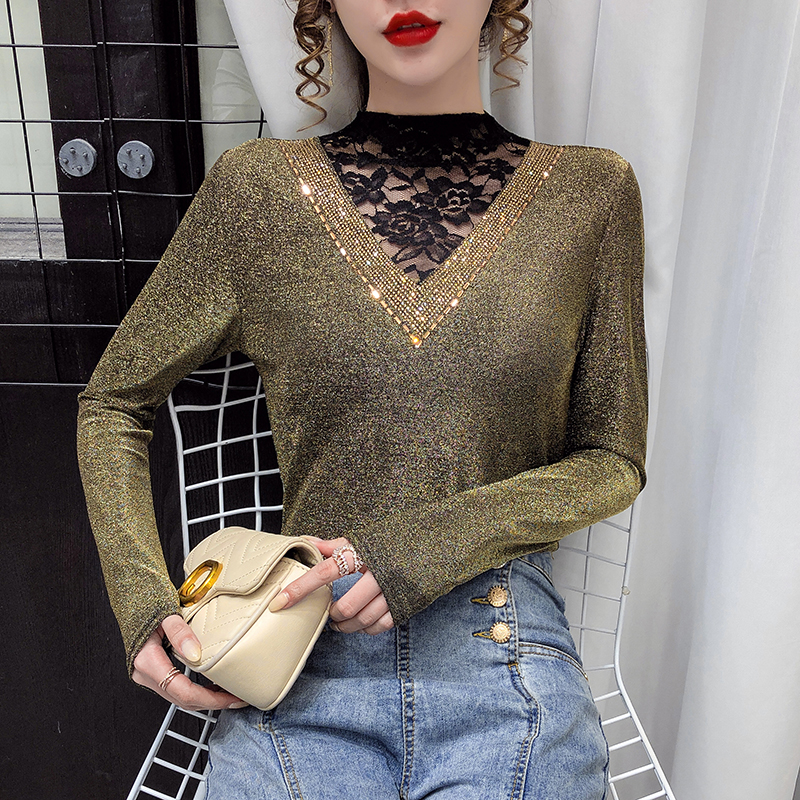 Half high collar bright silk hot drilling lace bottom top women's spring and autumn with foreign style mesh slim Top Long Sleeve T-Shirt fashion