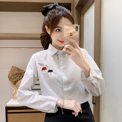 Shirt women's design sense small, loose Korean 2020 new spring and autumn Polo Long Sleeve Striped Shirt coat