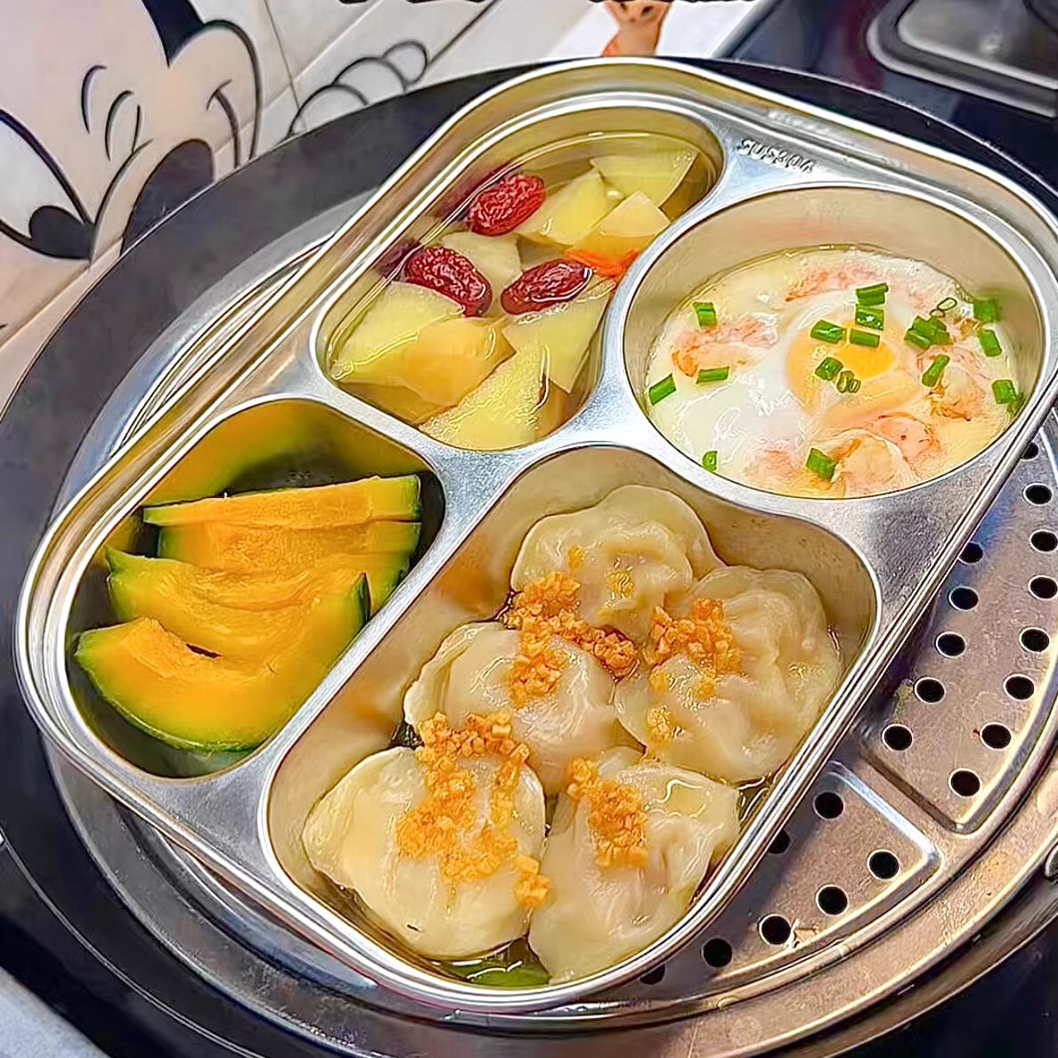 减肥定量餐具一人食餐具不锈钢蒸盘一锅出宝宝辅食营养餐盘可微波