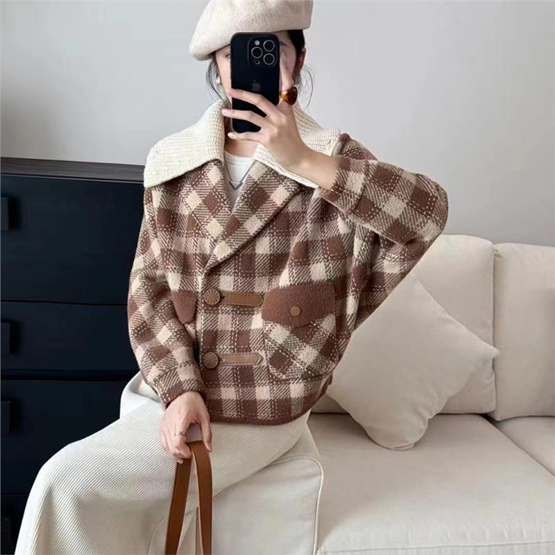 欧货撞色格子短外套女秋冬新款可短外套