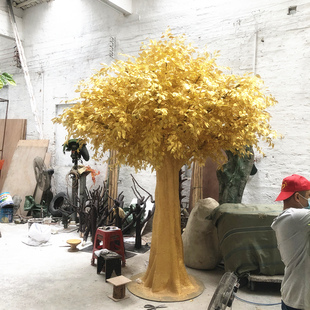 tree ficus 假树大型仿真树玻璃钢金色树金色榕树 banyan golden