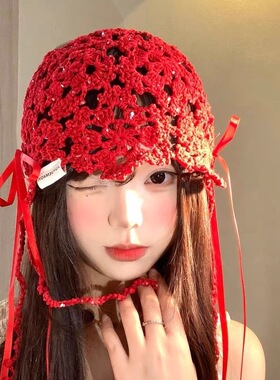 针织镂空红色旅游帽女夏季薄款蝴