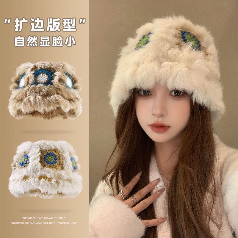 秋冬季可爱保暖毛绒显脸小水桶真兔毛盆帽兔毛醒狮帽子女渔夫帽子