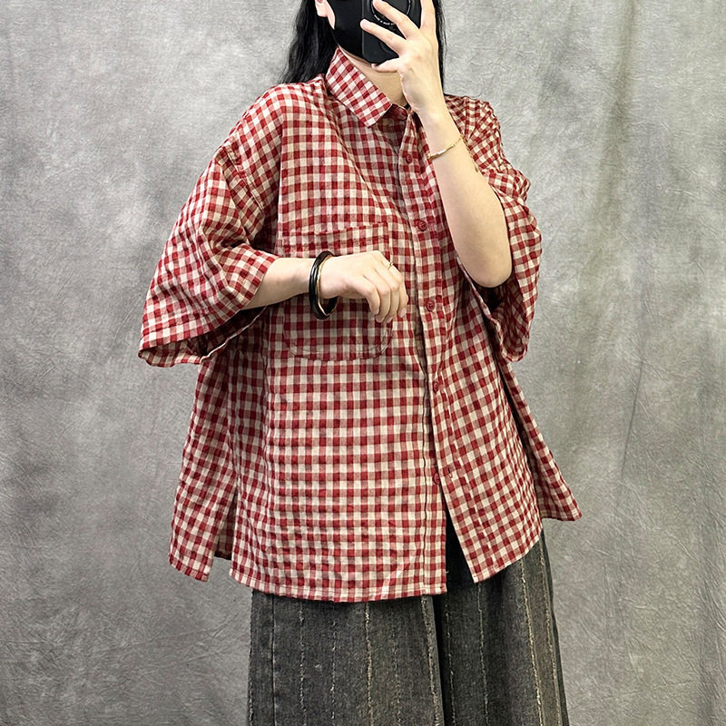 格子衬衫女春夏秋新品棉麻五分袖大码宽松遮肉百搭休闲POLO领上衣
