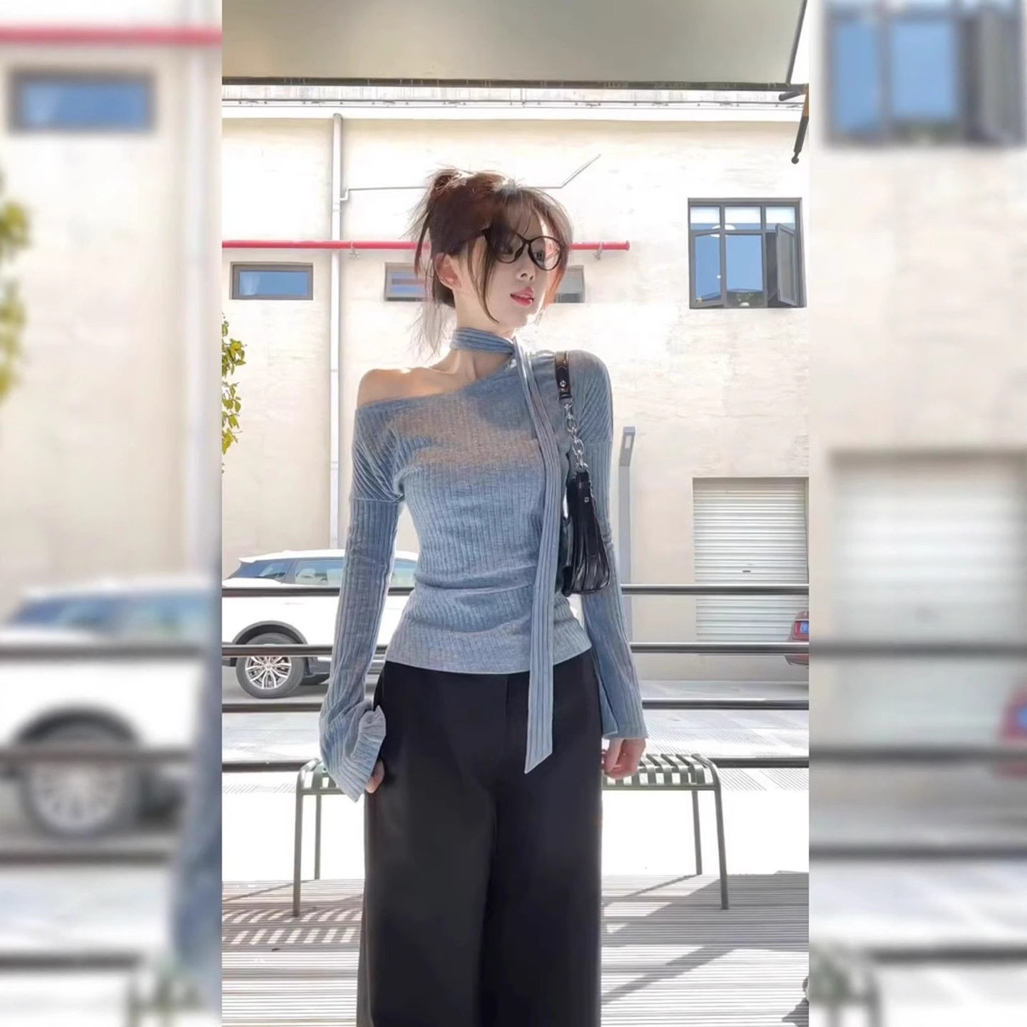 2026新款超好看chic韩系斜肩修身上衣设计感露肩长袖针织t恤女