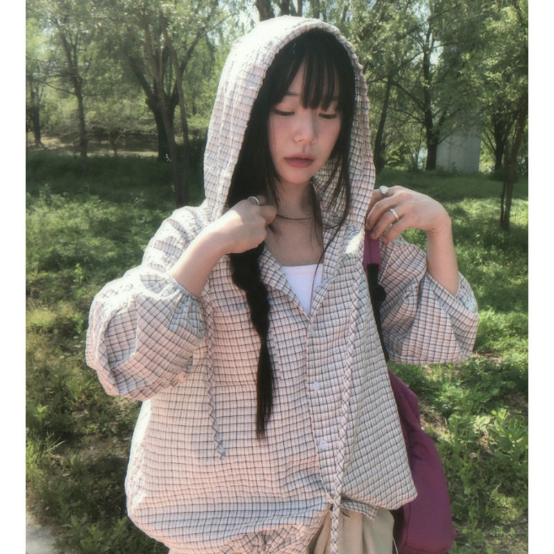 格子衬衫女2026春秋季新款韩版格纹连帽灯笼长袖洋气抽绳外套女