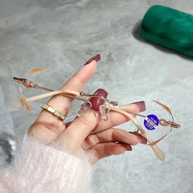 无框切边星光闪镶钻防蓝光老花镜