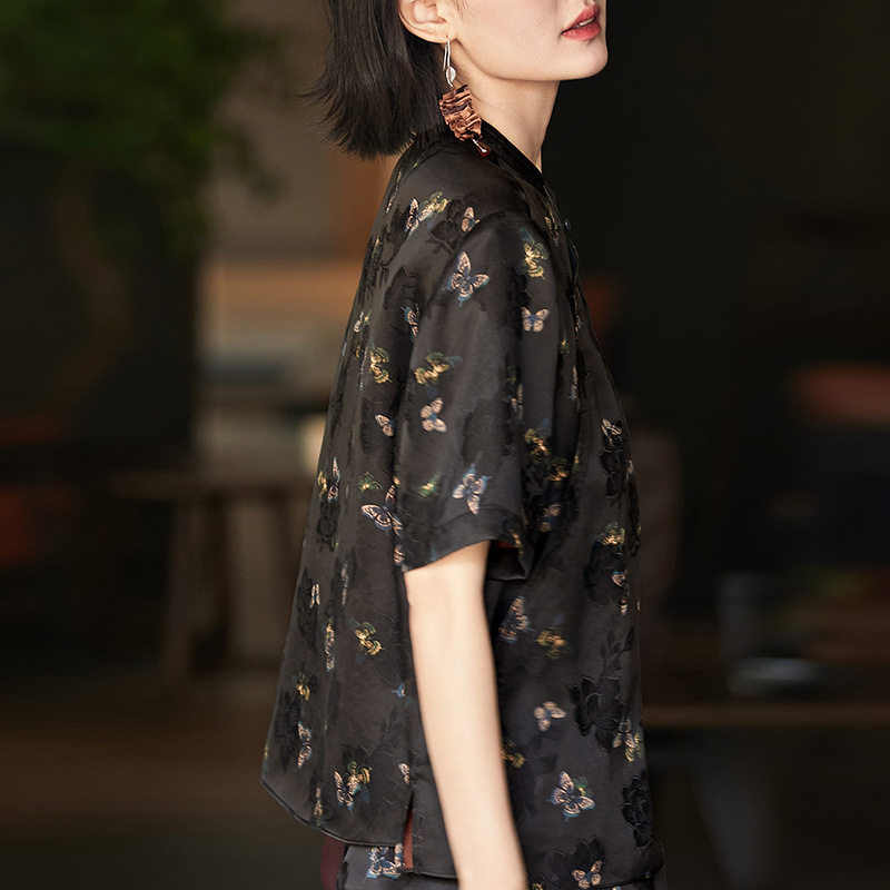 真丝香云纱/100桑蚕丝花萝上衣开衫女新中式蝴蝶印花国风短袖衬衫