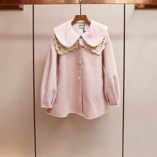 衣莉卓雅春季新款法式甜美减龄蕾丝娃娃领灯笼袖宽松毛呢大衣