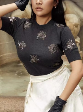 FEND走秀款重工艺16针精纺可机洗羊毛钉珠圆领短袖25夏新款女