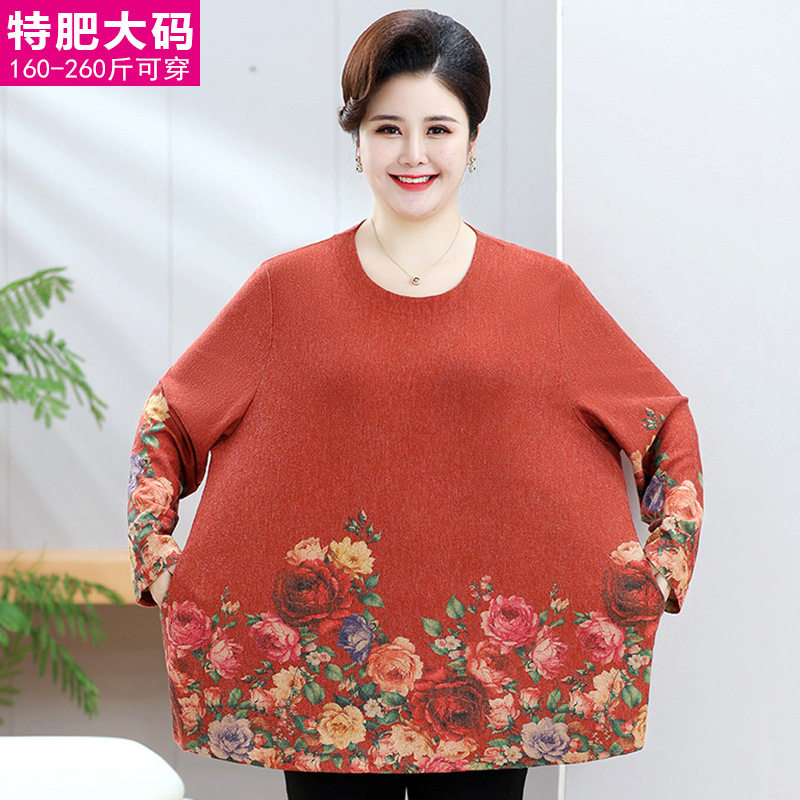 200斤中老年人t恤女特大码遮肚子上衣服加肥胖妈妈打底衫老人春装