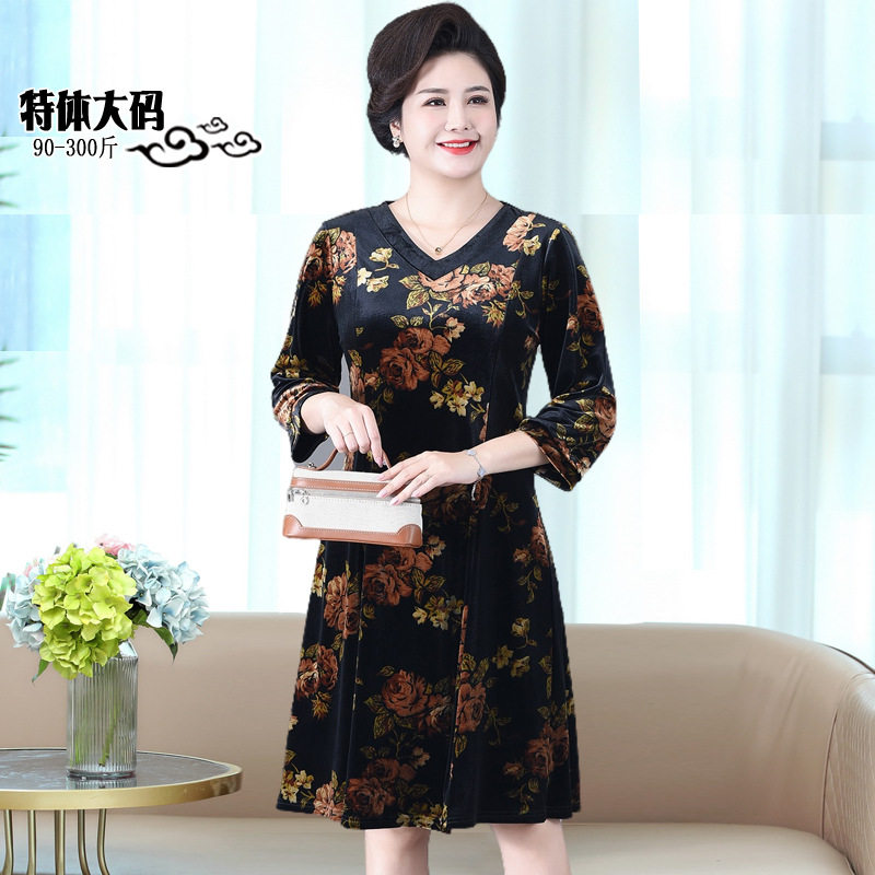 洋气中老年女装丝绒连衣裙春秋装