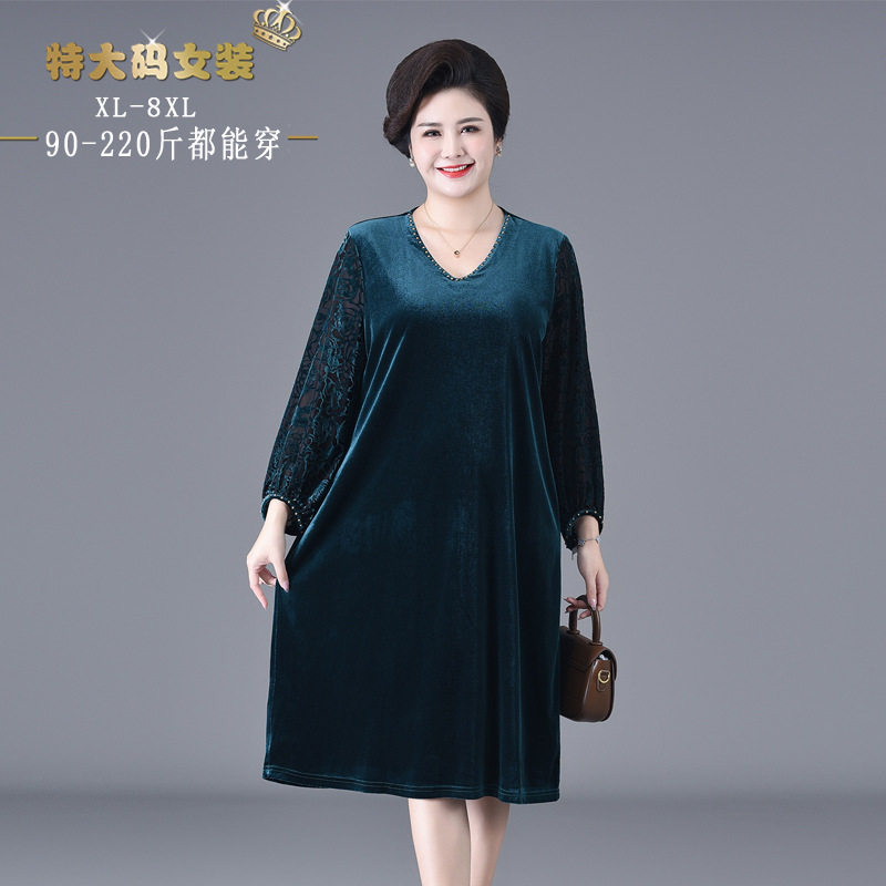 胖妈妈金丝绒连衣裙中老年时尚