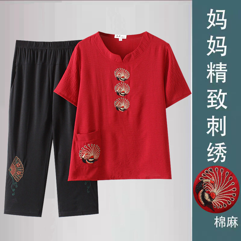 胖妈妈大码女装夏装短袖T恤套装