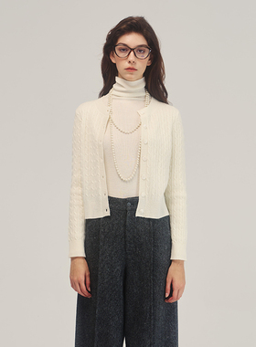 ELIATELIER羊绒羊毛经典高智感绞花针织开衫圆领外套