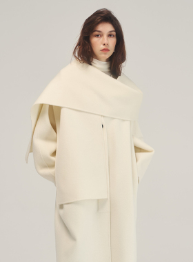 ELIATELIER围巾大衣纯手工缝制纯羊毛经典茧型中长款双面尼大衣