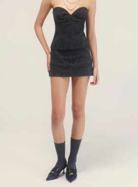 ELIATELIER“极简超短裙”粗纺纯羊毛熊猫灰西装半裙带防走光内衬