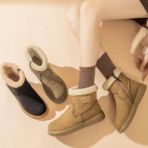 加绒棉鞋复古软底短靴子