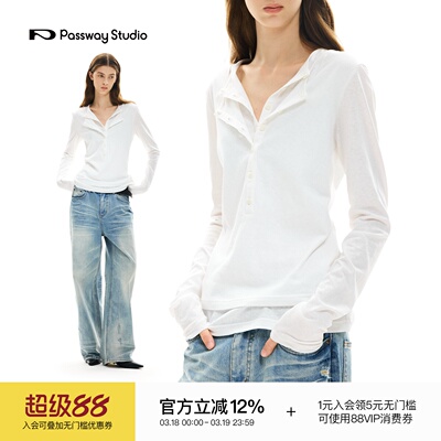 Passway Studio 双领修身长袖T恤打底衫女假两件设计感V领上衣潮