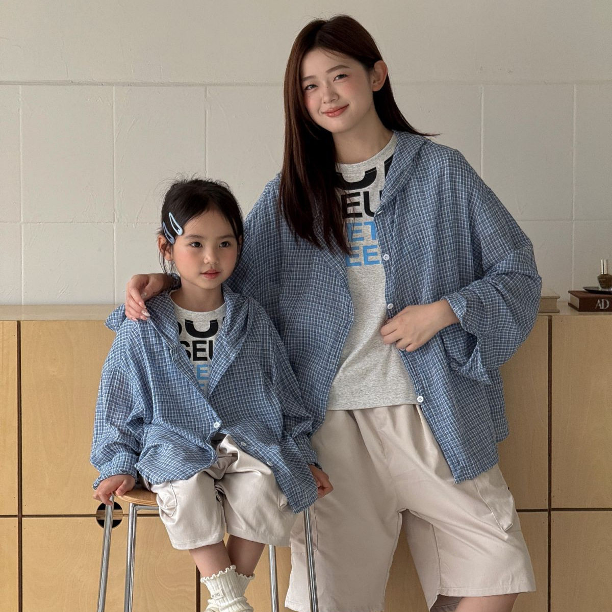 防晒衣亲子装母女2026夏季新款母子儿童男宝女宝格子衬衣连帽外套