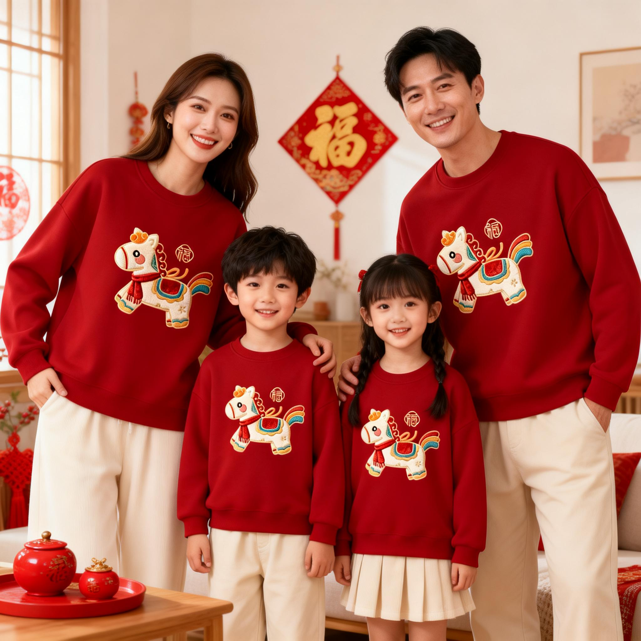 2026马年亲子装红色卫衣一家三口四口冬装母女母子过年拜年全家福