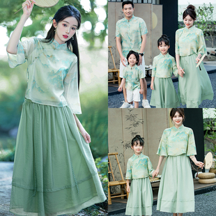 新中式国风亲子装母女款一家三口母子汉服旗袍夏季中秋国庆表演服