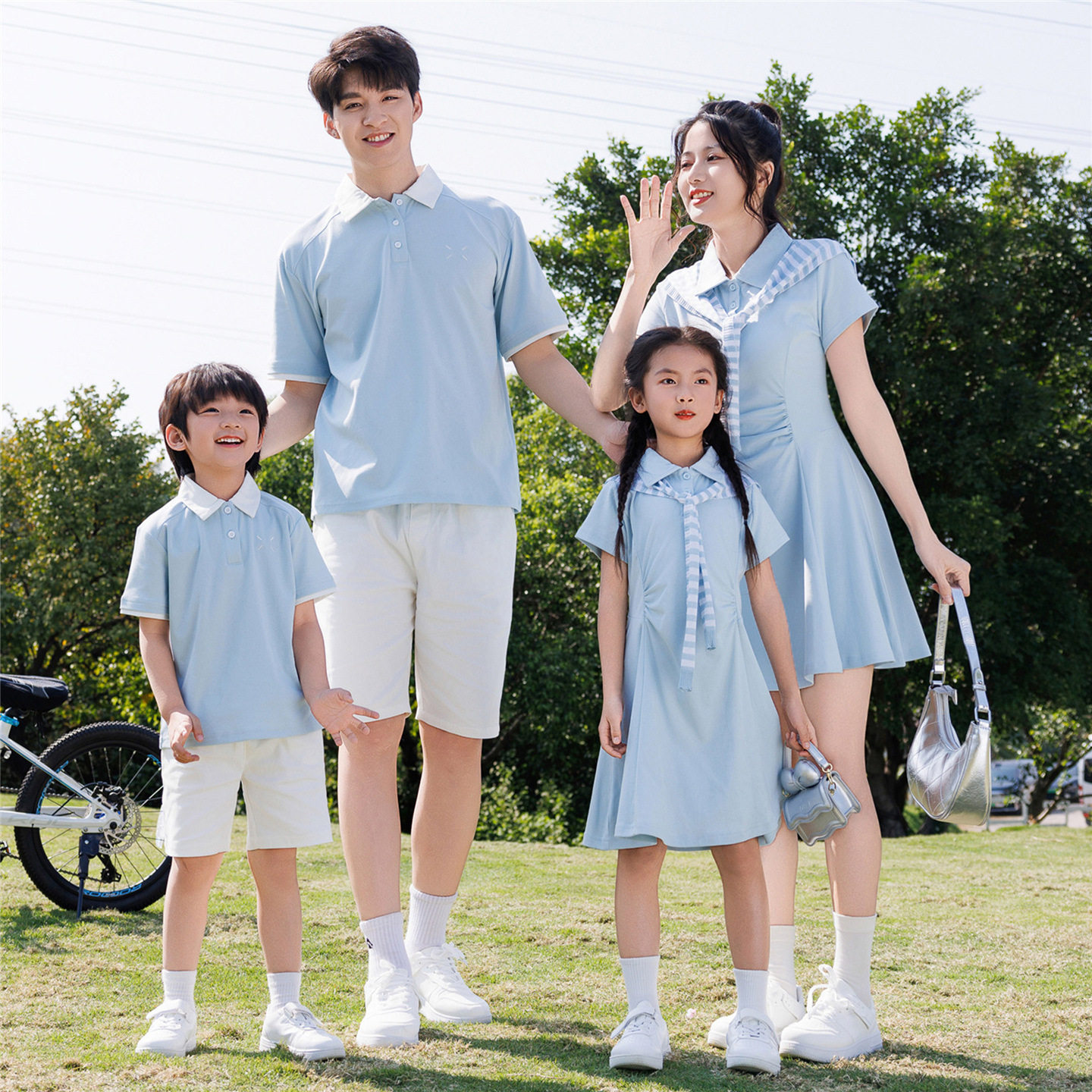 学院风亲子装2026新款夏装一家三口polo衫短袖套装母女裙子连衣裙