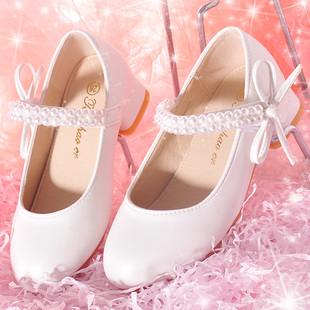 白色皮鞋女童公主风春秋新款晚礼服学生演出鞋儿童高跟鞋子珍珠