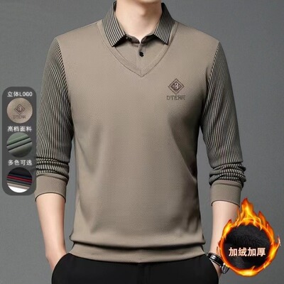 加厚/加厚款新款秋冬季翻领长袖商务高档男士针织假两件Polo衫