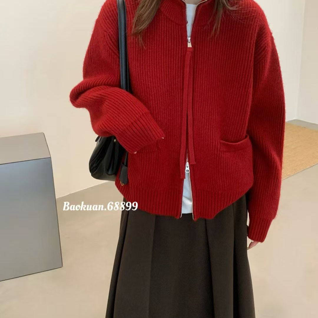 欧洲站2025秋冬韩版宽松红色双拉链针织开衫女百搭慵懒风毛衣外套