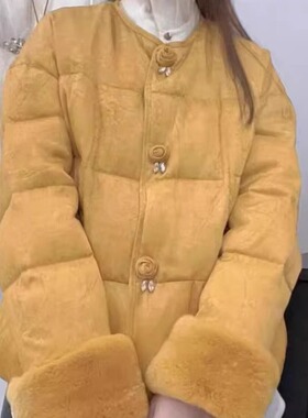 欧洲站2025秋冬新中式风黄色短款羽绒服女冬装保暖毛绒袖口外套