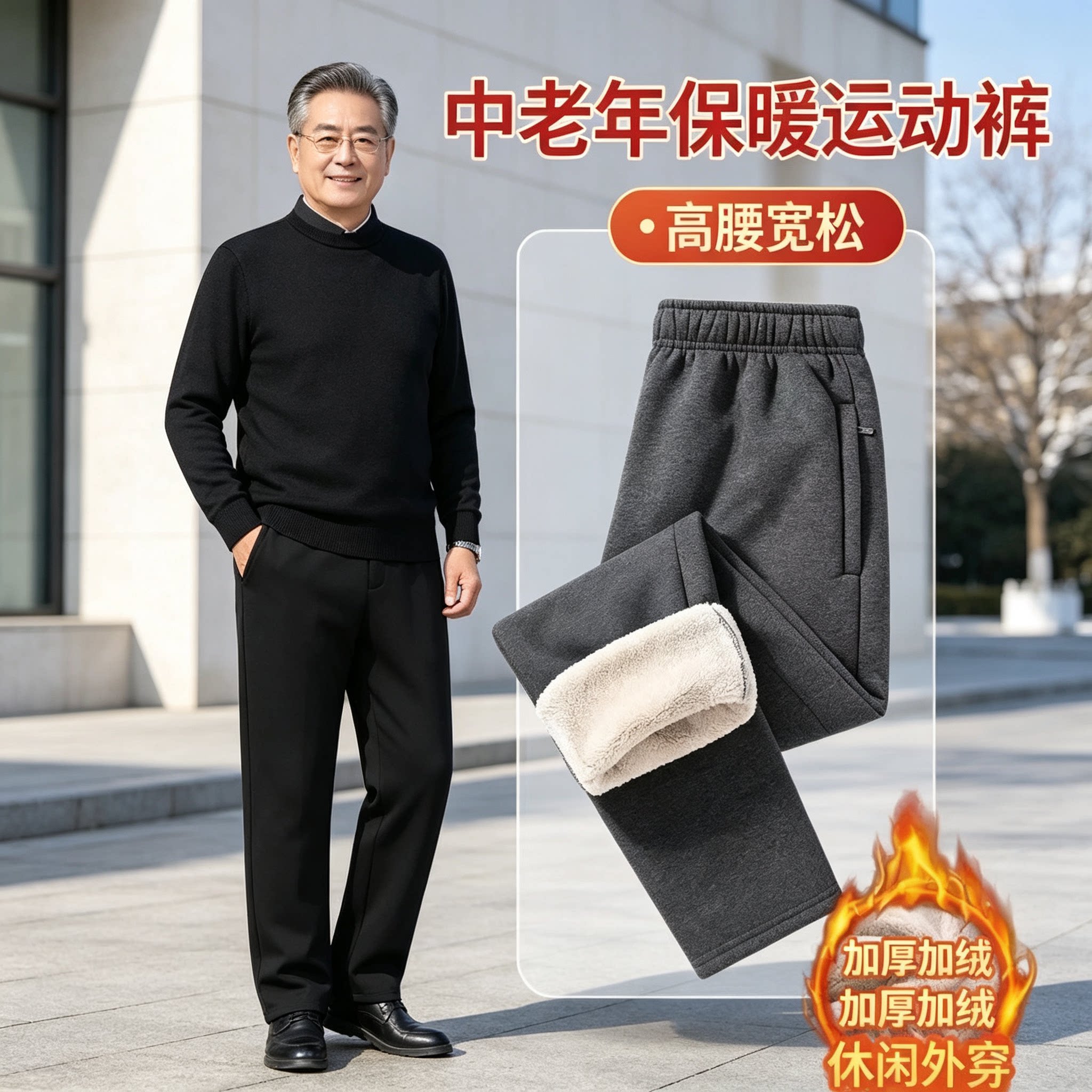 冬季加绒男裤中老年运动裤高腰宽松加厚羊羔绒保暖外穿休闲长裤子