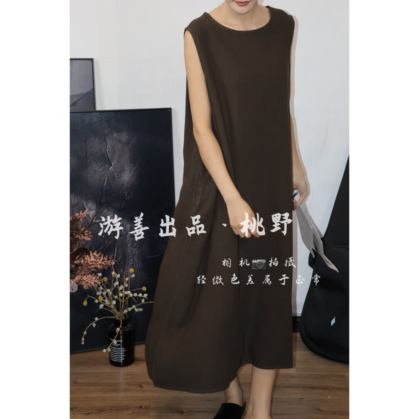 显瘦百搭纯亚麻背心连衣裙 长124胸138