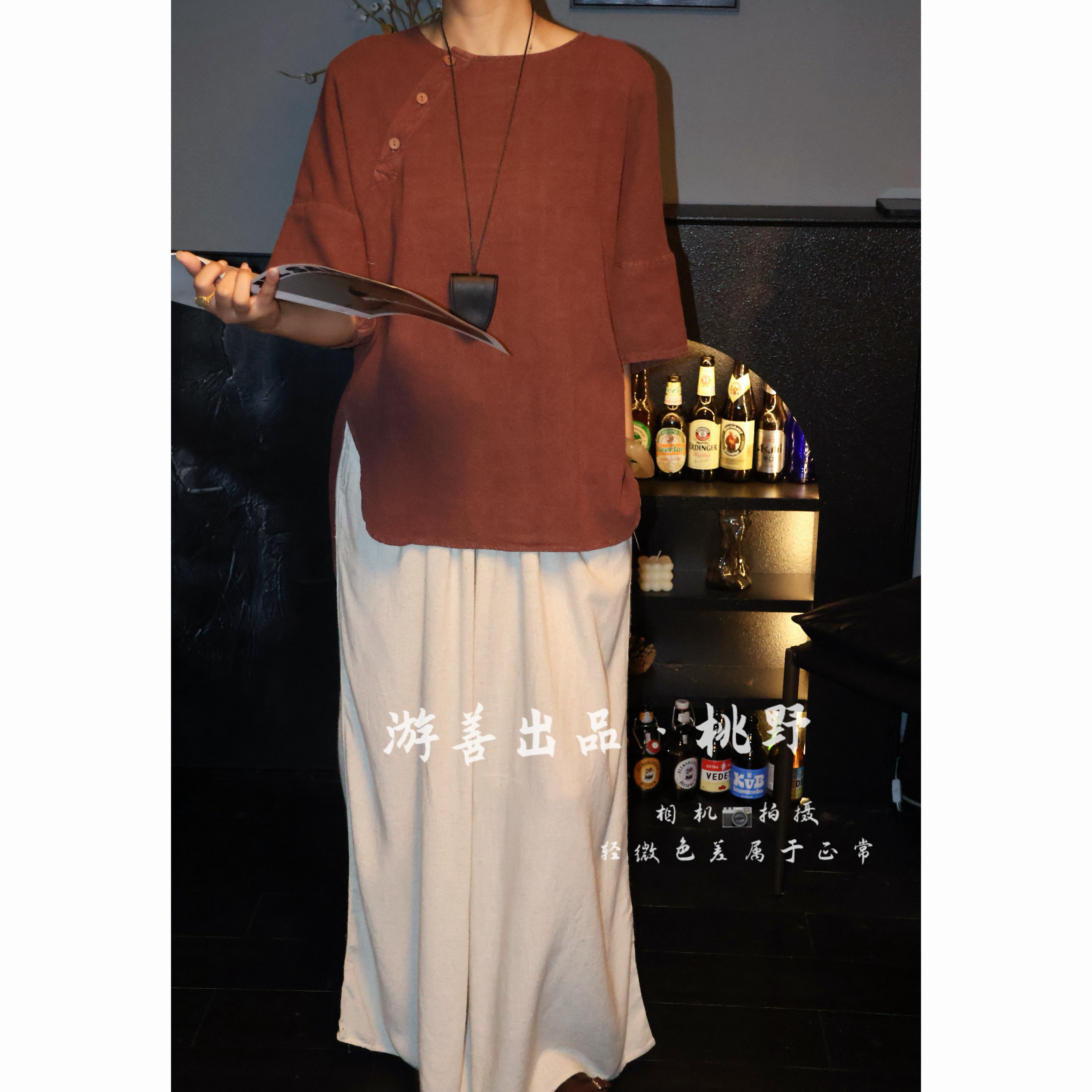26年春夏亚麻套头上衣诧寂风扎染炒色亚麻中袖衬衫斜门襟