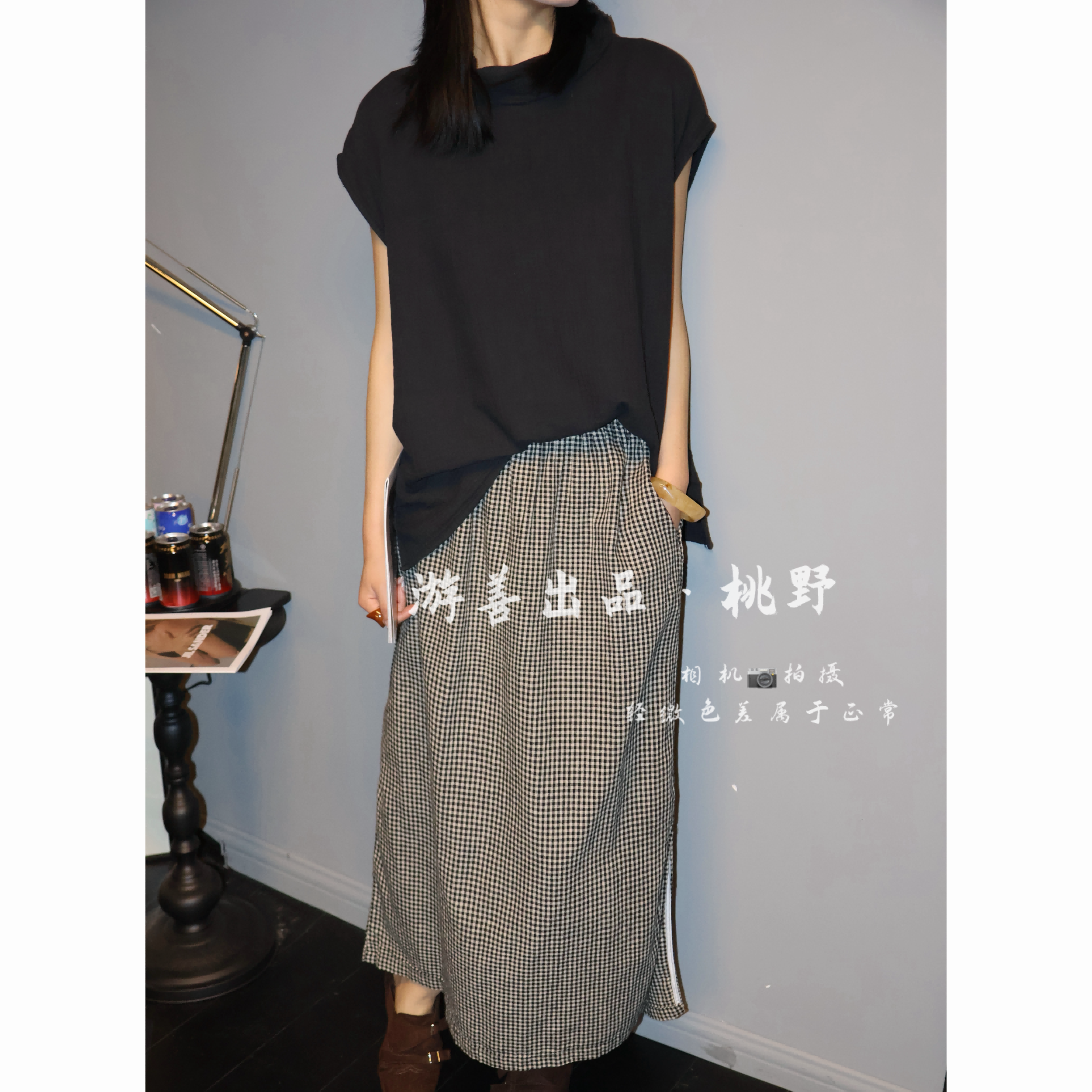 26年春夏裙裤半身裙色织格子亚麻裹裙极简百搭