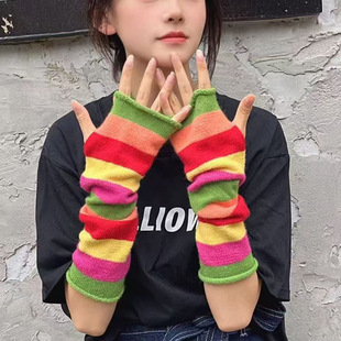 彩色长手套节日聚会派对彩虹护腕假袖子露指手套跨境七彩条纹袖套