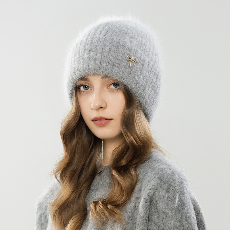 韩版大头围蝴蝶结针织帽子女冬季保暖护耳毛线帽时尚防寒冷帽批发
