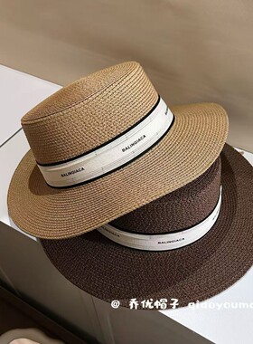新款草帽女英伦风字母平顶时尚潮流草编太阳帽透气出游海边遮阳帽