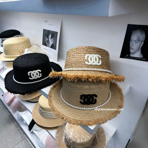 法式名媛平顶礼帽夏季海边防晒遮阳手工编织帽气质优雅珍珠草帽女